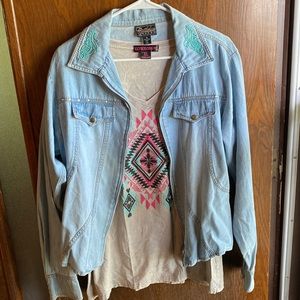 Western shirt bundle. Size XL jean jacket and Aztec shirt. Turquoise shirt sz LG